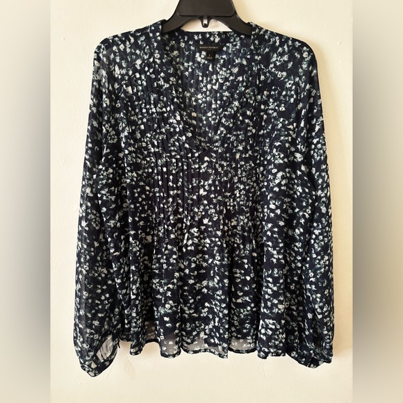 Banana Republic Navy Blue and Green Floral Sheer Long Sleeve Blouse - Picture 1 of 6